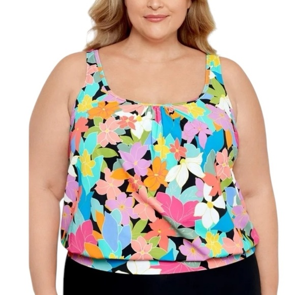 Swim Solutions Plus Size Shirred Neck Blouson Underwire Tankini Top Size 18W NEW - Picture 1 of 15